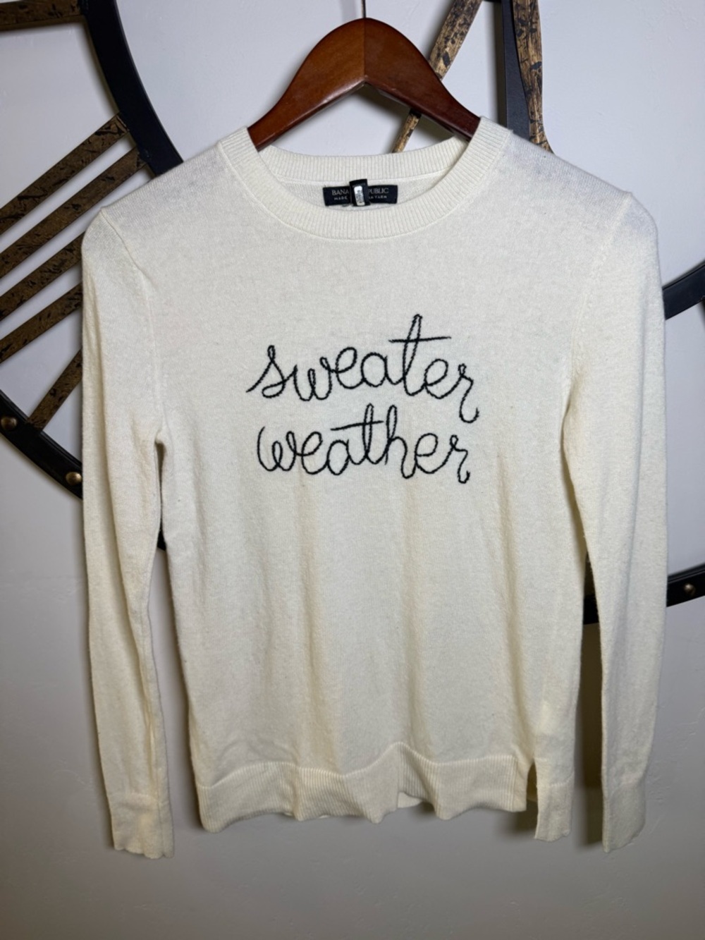 Banana Republic Cream Cashmere Crewneck Sweater with Black Script
